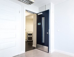 A modern fire-rated glass panel integrated into a certified fire door."